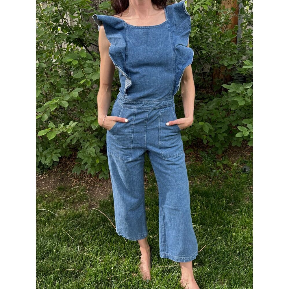 Impeccable Pig denim jumpsuit XS wide leg cropped retro ruffles open back